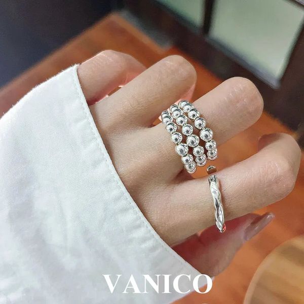 Anillos de boda Anillo abierto de bola con cuentas de tres capas Plata esterlina Simple Alto pulido Llano Ajustable Triple fila Cuentas Anillo de dedo para mujeres 231214