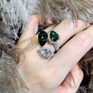 Wedding Rings Three Stone Finger Ring Water Drop Emerald Cubic Zirkon Silver Color Party Band voor vrouwen beloven verjaardagsjuwelen