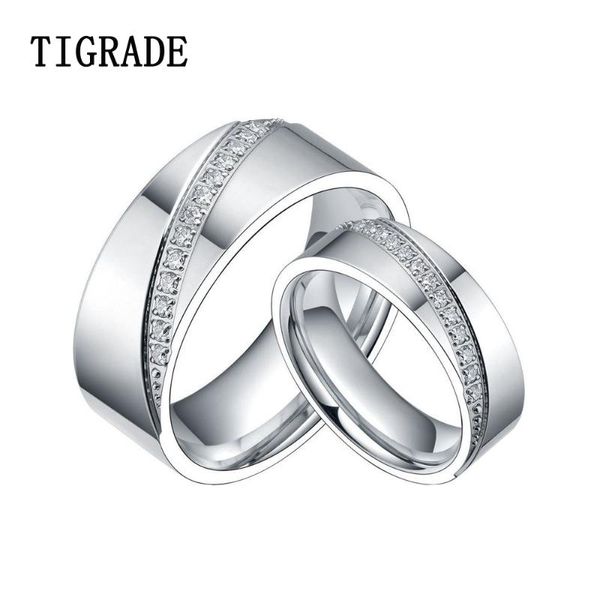 Anillos de boda TIGRADE 1pc 8mm Color plateado Pareja pulida con banda CZ Anillo de piedra de titanio de moda Conjunto de amor Joyería