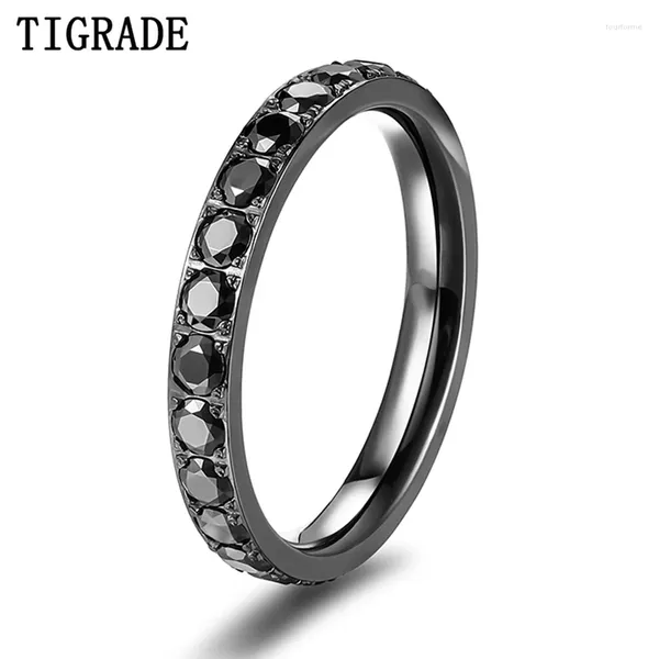 Anneaux de mariage Tigrade 3mm Titane pour femmes Bague en zircone cubique noire Anniversaire Bague de fiançailles Bijoux de fête Bagues féminines