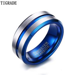 Anneaux de mariage Tigrade carbure de tungstène hommes femmes unisexe couleur argent bleu ligne bandes fibre de carbone rainure qualité marque 221119