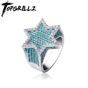 Trouwringen TOPGRILLZ Zeshoek Ster Zilver Kleur Blauw Iced Out Kubieke Zirkoon Micro Verharde Persoonlijkheid Hip Hop Sieraden Voor Geschenken 231214