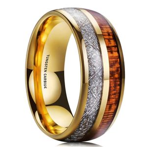 Anillos de boda de moda de 8mm para hombre, anillo dorado de acero inoxidable, madera de koa hawaiana y meteoritos, cúpula con incrustaciones, banda de compromiso, boda