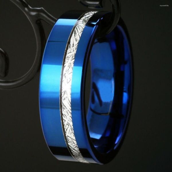 Anillos de boda de moda de acero inoxidable de 8 mm para hombres Color plateado Ranura Borde biselado Azul Acabado mate Anillo de promesa Banda