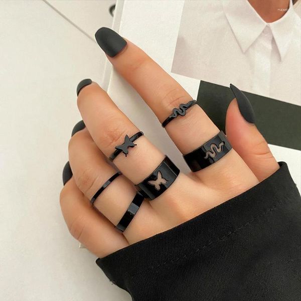 Anillos de boda Moda Serpiente Negra Mariposa Conjunto de anillos de dedo a juego para mujeres Joyería de compromiso de metal ajustable vintage