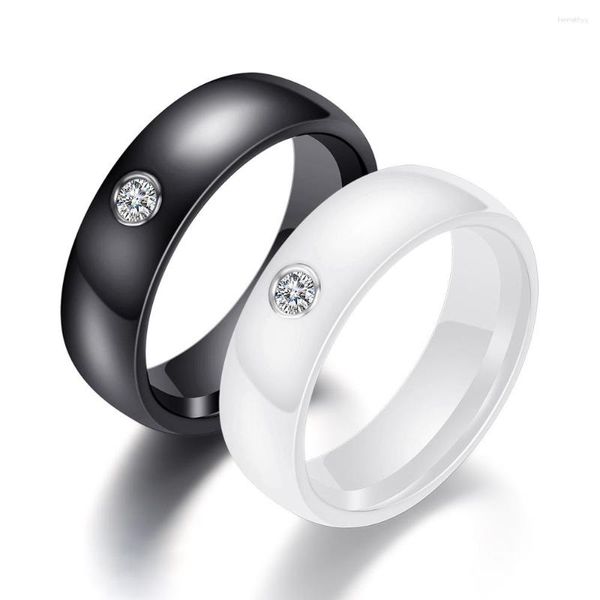 Anneaux de mariage à la mode mode 6mm largeur noir blanc céramique Couple avec grand cristal bague bijoux cadeau pour hommes femmes
