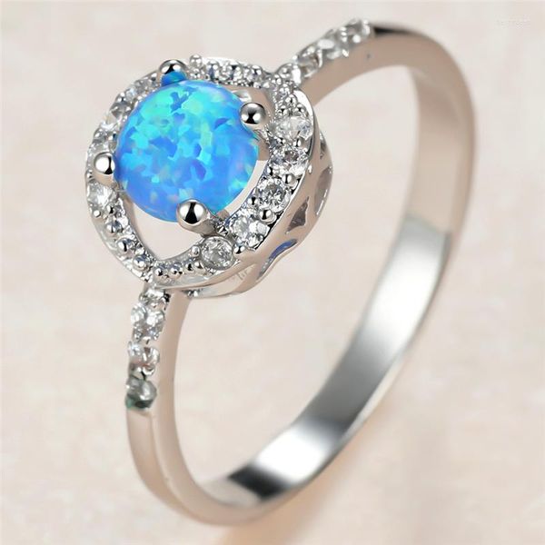 Anneaux de mariage Femelle Femelle Blue Opal Stone Ring Charme Silver Couleur mince pour les femmes Vintage Bride Crystal Round Engagement