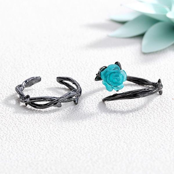 Anneaux de mariage à la mode femme mâle bleu fleur bague charme 14KT or noir ouvert fiançailles Punk Couple Branches pour femmes hommes