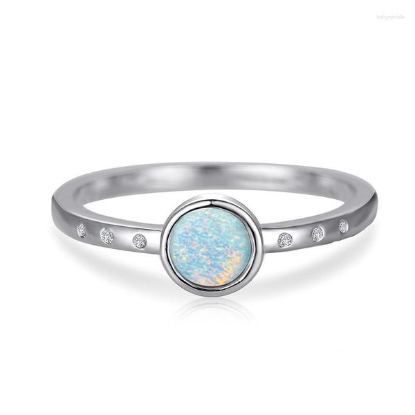 Anneaux de mariage à la mode femme petite bague de fiançailles ronde blanc bleu opale de feu pierre classique couleur argent pour les femmes