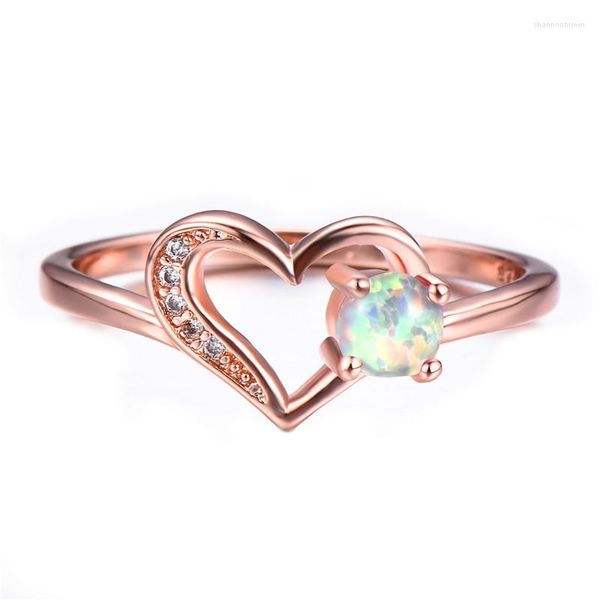 Anillos de boda, anillo de compromiso de corazón hueco de moda, blanco, azul, púrpura, ópalo, piedra redonda, Color oro rosa para mujer, joyería Bohemia