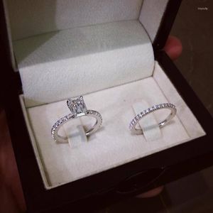 Wedding Rings Trendy Luxury Silver Color Square Zirkon Crystal Set Band voor bruidsmeisjes en vrouwen Lady Love Couple Ring Jewelry