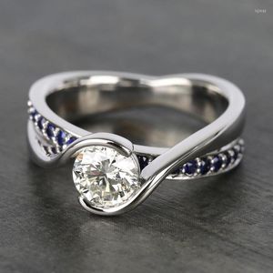 Anillos de boda, cordel geométrico Chapado en plata de moda para mujer, anillo de regalo de fiesta de joyería con incrustaciones de piedra CZ azul brillante blanco