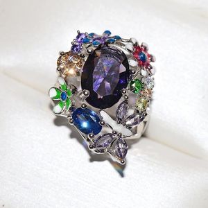 Wedding Rings Trendy Women With Purple Zirkon Stone Elegant prachtige email Flower Leaf Engagement Promise Ring