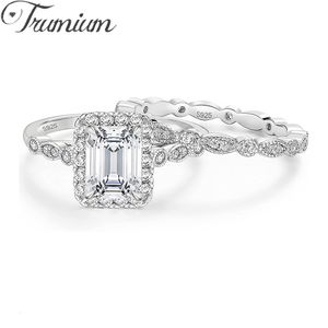 Anneaux de mariage Trumium 2CT 925 Sterling Silver Wedding Ring Sets Emerald Cut CZ Engagement Vintage Marquise Bands pour les femmes 230802