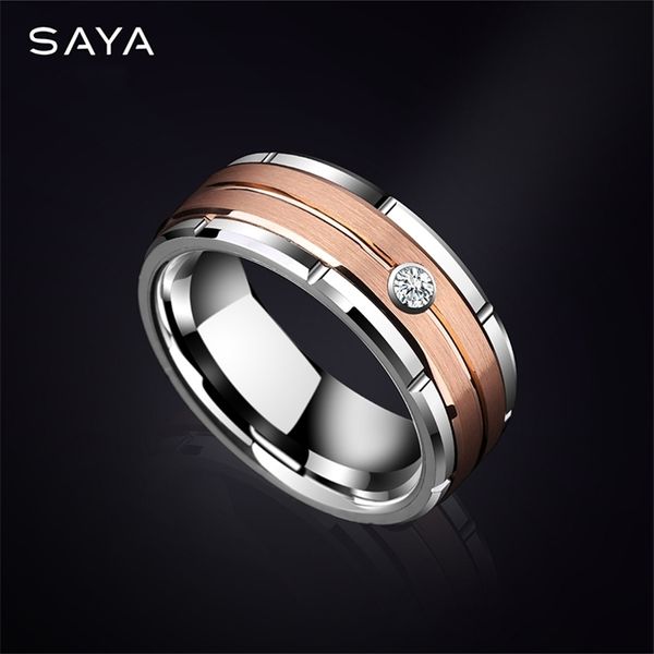 Anillos de boda de tungsteno para hombres y mujeres chapado en oro rosa acabado cepillado con piedra de circonita cúbica personalizada 230828