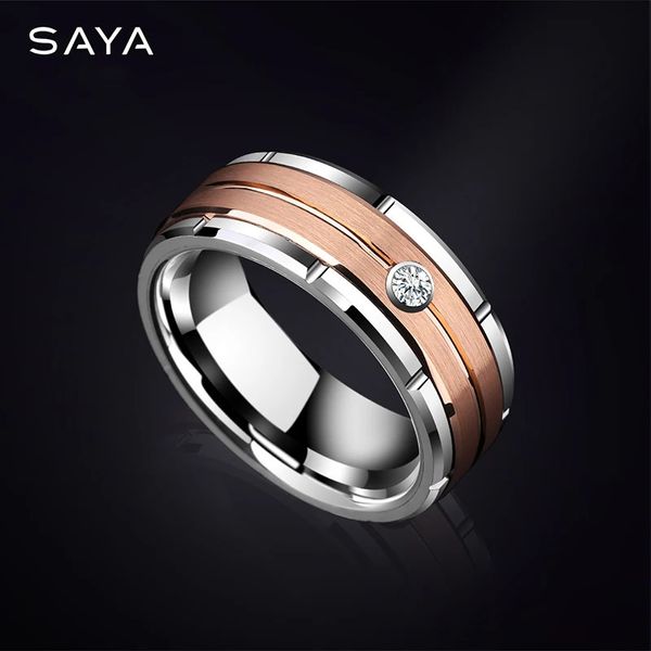 Anillos de boda Anillos de boda de tungsteno para hombres y mujeres chapado en oro rosa acabado cepillado con piedra de circonita cúbica personalizada 231215