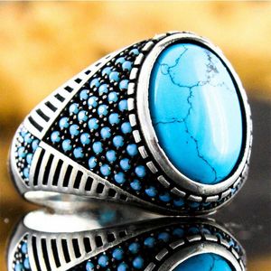 Trouwringen Turkse handgemaakte vintage Big Ovaal Natuurlijk Turquoise Stone Ring For Men Women Retro Gold Silver Color Blue Bead Band Gift