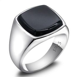 Anneaux de mariage Bague turque pour hommes 925 en argent Sterling noir Onyx carré pierre naturelle anneaux Simple classique chevalière bijoux pour hommes femmes cadeau 231118