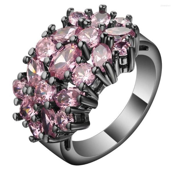 Anillos de boda UFOORO Hermosa flor de cristal rosa Mujer Color de plata antiguo Único CZ Compromiso Anillo negro para mujeres RB0843F