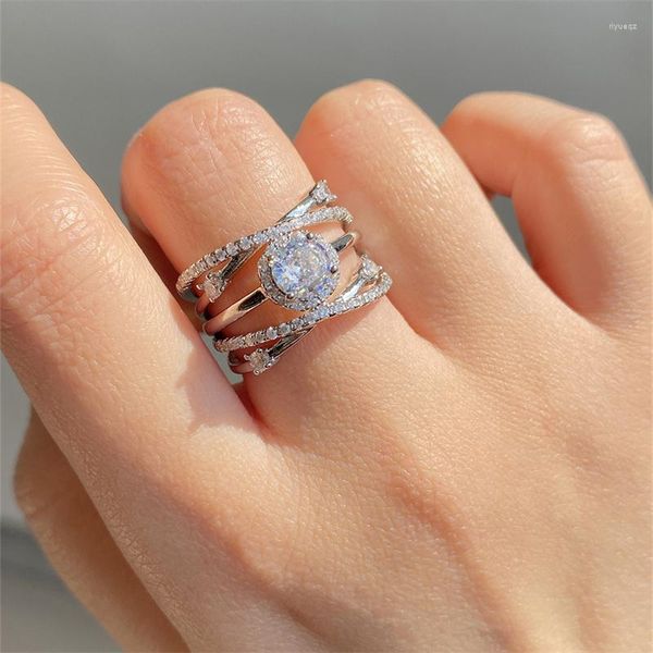Anillos de boda Uilz, anillo de dedo de Zirconia cúbica enrollado de varios círculos de Color plateado para mujer, joyería elegante de pareja de lujo