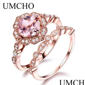 Trouwringen Umcho 925 Sterling Sier Ring Set vrouwelijke Morganite verloving trouwband Bridal Vintage Stacking Rings for Women Fine DHKFD