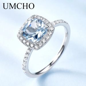 Anillos de boda Umcho Aquamarine Blue Topaz Gemstone Anillo de compromiso Genuino 925 Sterling Silver Rings for Women Wedding Promise Fine Jewelry 231222