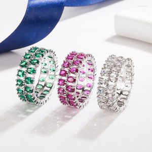 Trouwringen uniek ontwerp dubbele rij zirkonen schitterende ring vrouwelijk verkopen groen rood gele kristallen licht luxe hand sieraden