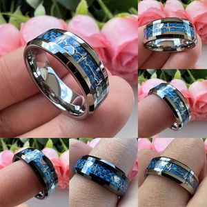 Anillos de boda Joya única 6 mm 8 mm Bandas azules Electrocardiógrafo Incrustaciones de onda Anillo de compromiso de aniversario de plata y negro para hombres Mujeres