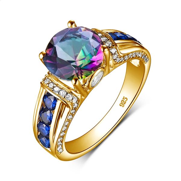 Anneaux de mariage Bague en or topaze mystique Unique pour femme avec pierre 8*8mm ronde grande bague de Cocktail fête de luxe bijoux de créateur cadeau d'anniversaire 231118