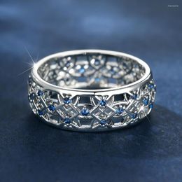 Anillos de boda Unisex piedra azul real hueco redondo para mujeres Color plata Vintage Zircon bandas promesa compromiso pareja anillo CZ