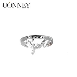 Wedding Rings Uonney Drop aangepaste graveernaam Unieke verloving voor vrouwelijke paar liefhebbers dating gouden kleur stalen ring 230811