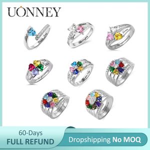 Trouwringen UONNEY Drop Custom Zilver 925 Geboortesteen Hart Graveren Ring Familie Vrouwen Voornaam Sieraden Accessoires Moederdag Cadeau 231114