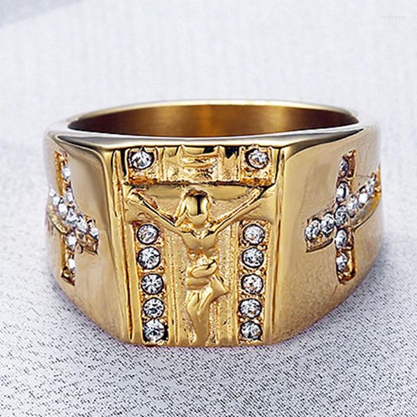 Anneaux de mariage taille US 6 à 15 zircone cubique croix jésus anneau pour hommes femmes couleur or acier inoxydable prière religieuse bijoux R713G