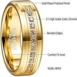 Anneaux de mariage Vakki Men's Men's 8 mm Tungsten Carbide Ring Band with Round Cumbic Zirconia Gold plaqué CZ Engagement Taille 7-12254Y