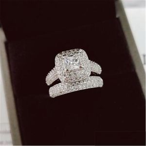 Anillos de boda Vecalon 188 piezas Topacio Simated Diamond Cz 14kt oro blanco lleno 3 en 1 anillo de boda de compromiso conjunto para mujeres Sz 5-11 Dhrpl