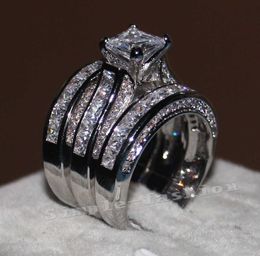 Anneaux de mariage Vecalon Fine Jewelry Princess cut 20ct Cz diamond Bague de fiançailles Ensemble pour femme Or blanc 14KT Doigt rempli avec boîte 20ess