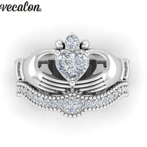 Anneaux de mariage Vecalon Amoureux de luxe Claddagh Bague 1ct 5A Zircon Cz Or Blanc Rempli Bande de Fiançailles Ensemble Pour Femmes Men282c