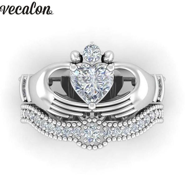 Anneaux de mariage Vecalon Amoureux de luxe Claddagh Bague 1ct 5A Zircon Cz Or Blanc Rempli Bande de Fiançailles Ensemble Pour Femmes Men268G