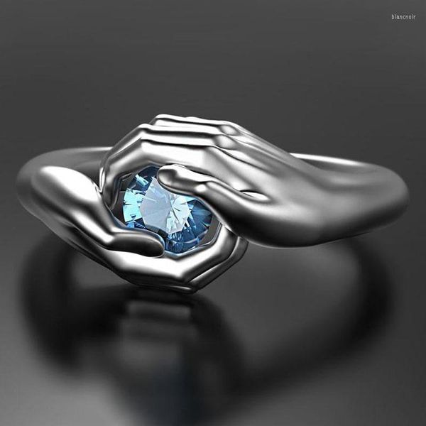 Anillos de boda Vinatge Anillo de color plateado Hip Hop Blue Zircon Compromiso Punk Masculino Femenino Mano Abrazo Ajustable para Mujeres Hombres