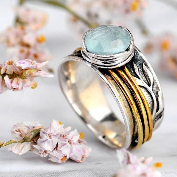 Anillos de boda Anillo de aguamarina vintage Dos tonos Descompresión giratoria Piedra natural Piedra lunar Pulgar ancho Boho Damas