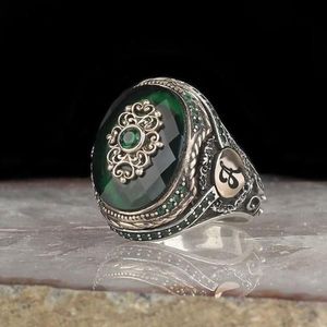 Wedding Rings Vintage Big Ring For Men Ancient Silver Color ingelegde blauwe groene agaat Stone Punk Motor Biker Maat 11 12 13286LL