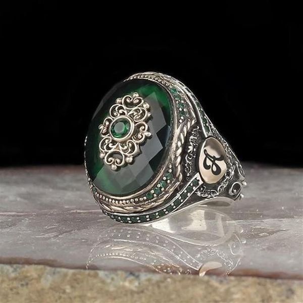 Anillos de boda Anillo grande vintage para hombres Color de plata antiguo con incrustaciones de ágata verde azul Piedra Punk Motor Biker Tamaño 11 12 13171K