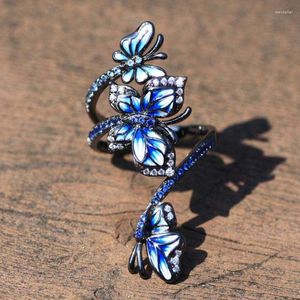 Anneaux de mariage Vintage noir ensemble de bijoux pour femme élégant bleu papillon fleur bague boucles d'oreilles de haute qualité émail fait à la main