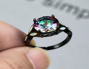 Anillos de boda de moda Vintage Anillo de compromiso de oro negro Big Round Rainbow Zircon Fire White Opal Stone para mujeres joyas8106037