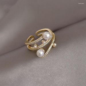 Wedding Rings Vintage mode drielaags imitatie Pearl opening verstelbaar voor vrouwen vergulde wijsvingerring dames sieraden cadeau