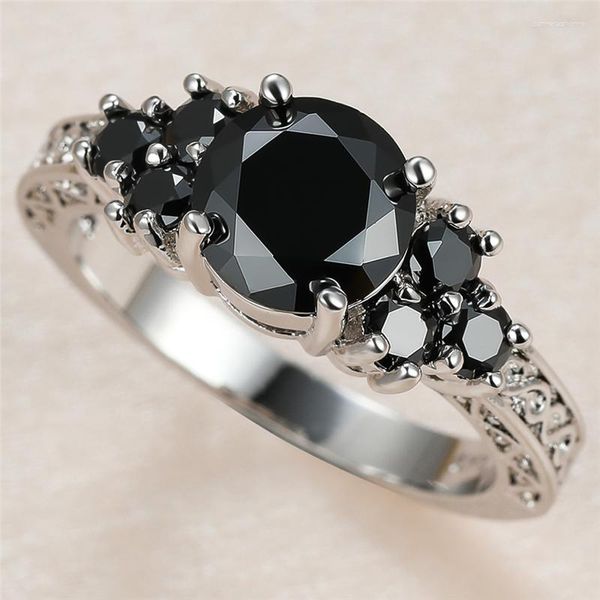 Anillos de boda Vintage para mujer, anillo de piedra de cristal negro, abalorio de Color plateado fino para mujer, compromiso de circón redondo delicado