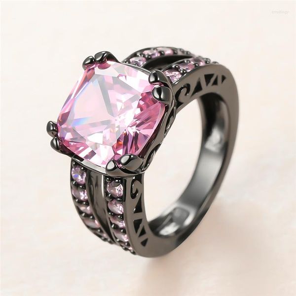 Anillos de boda Vintage femenino rosa cristal anillo de piedra clásico 14kt oro negro para mujeres linda novia cuadrado circón compromiso