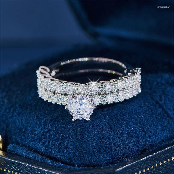 Anneaux de mariage Vintage femme ronde blanc Zircon ensembles de mariée couleur argent luxe pour les femmes empilables Couple anneau ensemble bijoux cadeaux