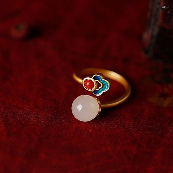 Anillos de boda Anillo de color dorado vintage Blanco Redondo Kan Jade Azul Esmalte Flor Apertura para mujeres Boho Joyería de compromiso