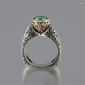 Wedding Rings Vintage Green Round Stone Crystal For Women Finger Jewelry Band Fashion Antique Silver Color Accessories